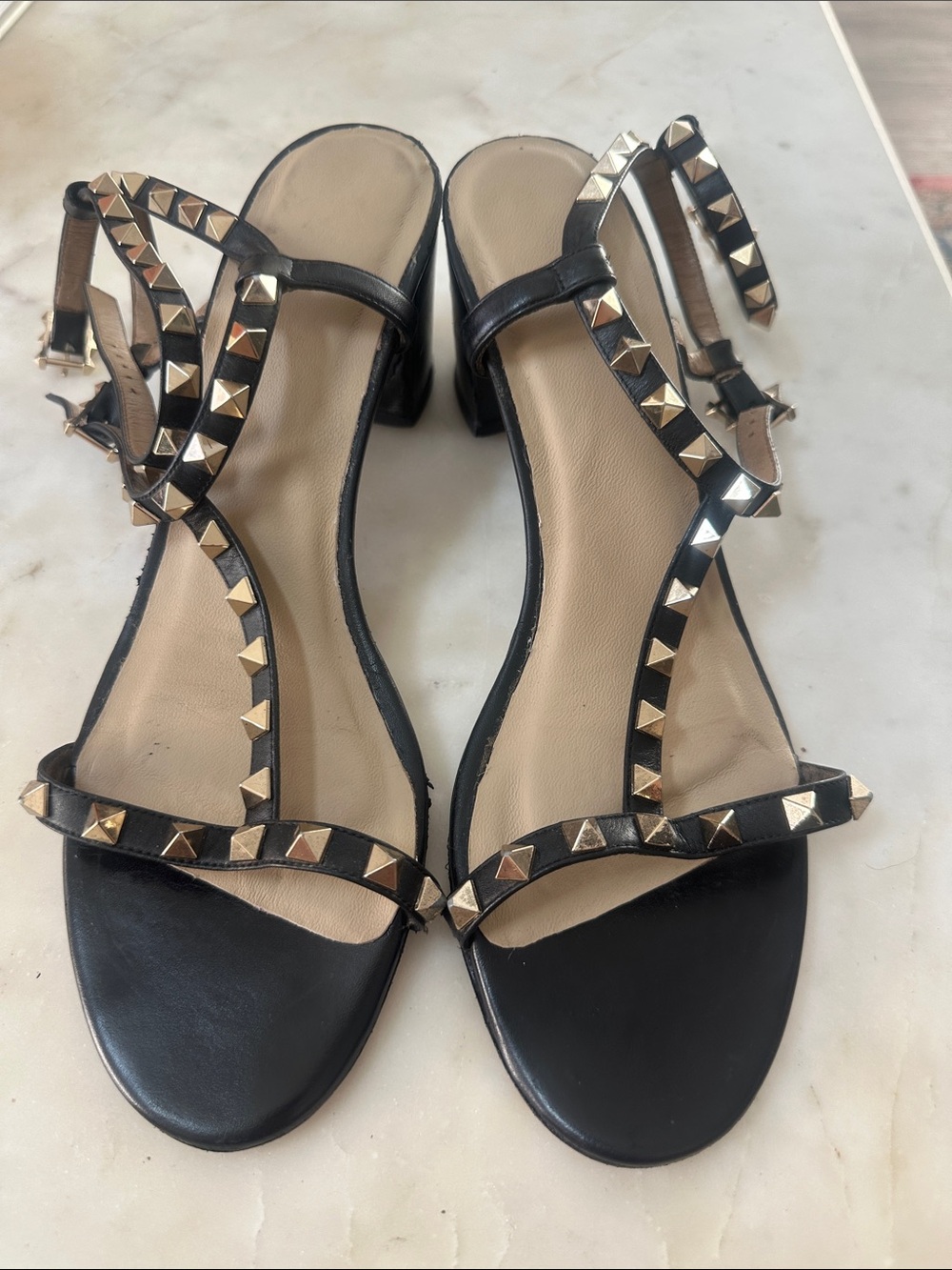 Valentino Black Studded T-Strap Block Heel Sandals